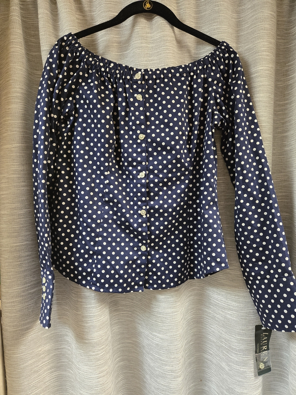 Y2K era Ralph Lauren Navy and White Polka Dot Off-Shoulder Button-Down Top